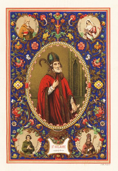 Retrato de Santo Hilário, Bispo de Poitiers, com mitra e patife, dentro de uma borda decorativa da folhagem de Jacquet Jacquet