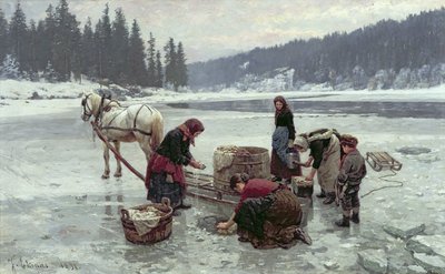 Mulheres lavando roupa por um buraco no gelo de Jahn Ekenaes