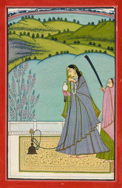 Uma senhora num terraço com narguilé e falcão, c.1760 (aguarela opaca e ouro sobre papel) de Jaimal Har