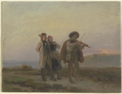 Passeio ao fim da tarde, um violinista e um casal de camponeses nos campos de Jakob Becker