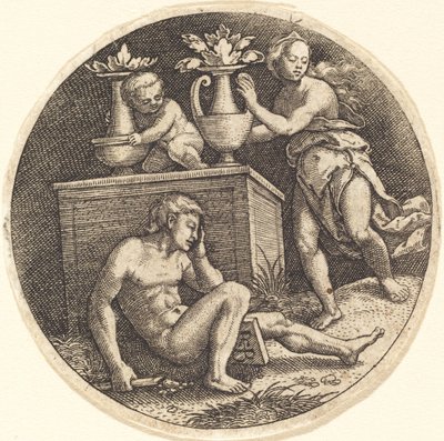 Jovens dormindo diante de um altar de Jakob Binck