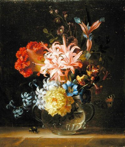 Natureza Morta de Flores num Vaso de Vidro, com uma Abelha e uma Borboleta (óleo sobre tela) de Jakob Bogdani or Bogdany