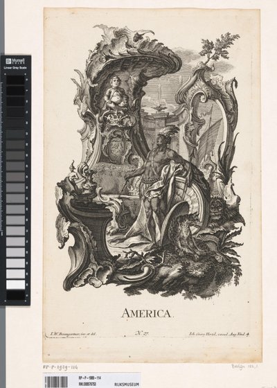 Rocaille com a personificação do continente da América
América (título sobre o objecto)
Os quatro continentes (título da série) de Jakob Gottlieb Thelott