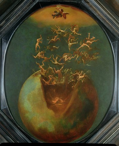 Queda de Satanás e os Anjos Rebeldes do Céu (óleo em cobre prateado) de Jakob Isaaksz Swanenburgh