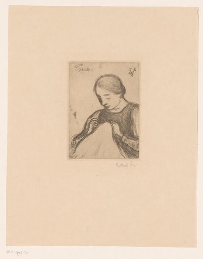 Retrato de Malvina Dedeyn com trabalhos manuais
A costureira (título sobre o objecto) de Jakob Smits