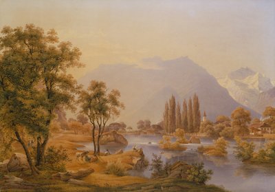 Uma vista do rio Aare e Interlaken com a Igreja do Claustro (óleo) de Jakob Suter