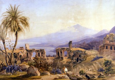 Taormina na Sicília: as ruínas e o Etna. Pintura de Jacob Suter, por volta de 1850. de Jakob Suter