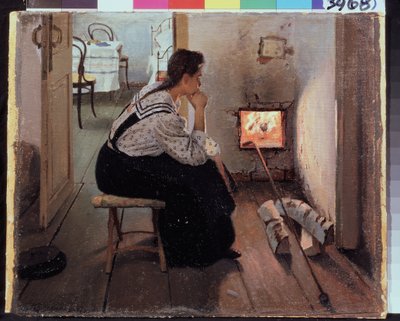 "Thoughts at the stove" Uma jovem mulher sentada pensivamente em frente ao fogo. Pintura de Jakov Kalinichenko (1869-1938) 1897 State Regional I. Museu de Arte de Pozhalostin, Ryasan de Jakoff Jakovlevitch Kalinitchenko
