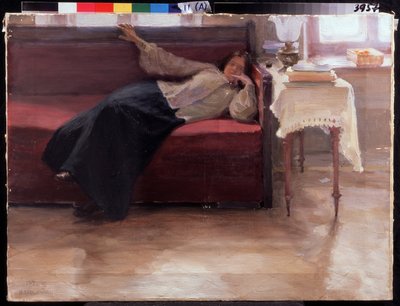 "Canções", uma rapariga pensativa deitada num sofá. Pintura de Jakov Kalinichenko (1869-1938) 1904 Estado Regional I. Museu de Arte de Pozhalostin, Ryasan de Jakoff Jakovlevitch Kalinitchenko