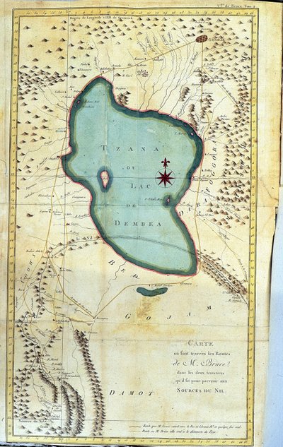 Mapa da região do Lago Tzana ou do Lago Dembea (rotas de M. Bruce em suas duas tentativas de chegar às nascentes do Nilo) - em" Journey to Nubia and Abyssinia undertaken to discover the sources of the Nile during the years 1768 to 1772", por James Bruce, v de James Bruce