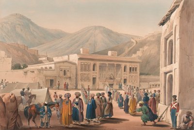 O Durbar-Khaneh do Shah Shoojah-ool-Moolk, em Cabaul [sic], c.1840 (litografia, colorido) de James (after) Atkinson