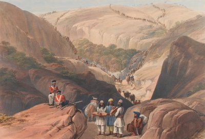 The First Descent through the Koojah [sic] Pass, c.1839 (litografia, colorido) de James (after) Atkinson