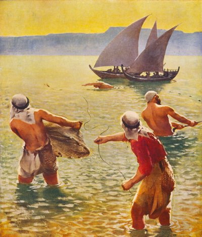 Terra Santa: Pesca no lago da Galileia (litografia a cores) de James (after) Clark
