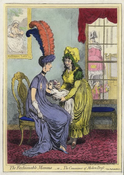 A Mamã da Moda, ou A Conveniência do Vestido Moderno (gravação colorida) de James (after) Gillray