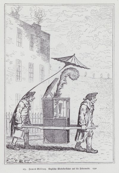 Desenho animado inglês zombando da moda para mulheres usando toucas de penas de James (after) Gillray