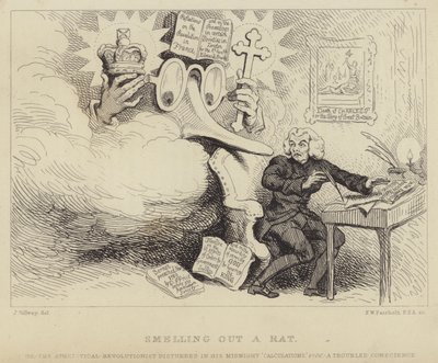 A cheirar um rato: O filósofo galês, pregador não-conformista e panfletário Richard Price assustado por um nariz gigante de óculos representando Edmund Burke o pegando no trabalho cercado de evidências de sedição contra a igreja e o estado de James (after) Gillray
