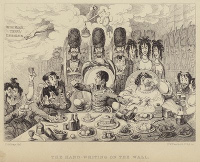 A Mão na Muralha: paródia na festa de Belshazzar retratando Napoleão e sua esposa Josefina de James (after) Gillray
