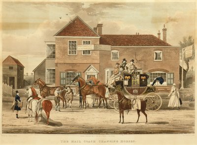 The Mail Coach Changing Horses, c.1825 (gravura) de James (after) Pollard