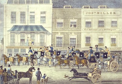 West Country Mail no Gloucester Coffee House, Piccadilly, gravado por C. Rosenberg (litografia colorida) de James (after) Pollard