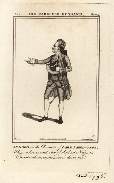 James William Dodd no personagem de Lord Foppington em Colley Cibber, The Careless Husband, Drury Lane Theatre de James (after) Roberts