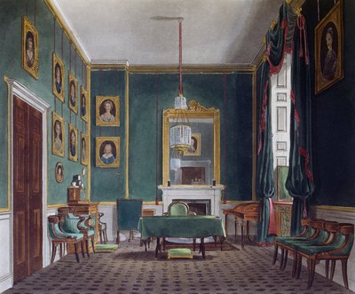 Sala de Retiro Verde, Gravura de Daniel Havell (1785-1826), Baseado no desenho de James Stephanoff (ca 1788-1874), From The History of the Royal Residences de James (after) Stephanoff