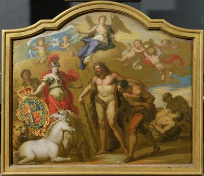 Alegoria do Poder da Grã-Bretanha por Land, projeto para um painel decorativo para a carruagem cerimonial de Jorge I, c.1718 (óleo no painel) de James (attr. to) Thornhill