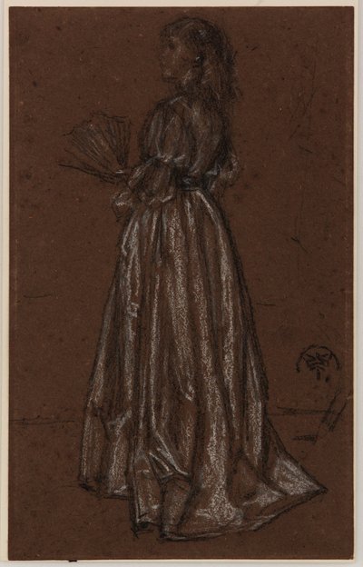 Figura de pé com leque, c.1873/1876 (giz preto e branco sobre papel castanho) de James Abbott McNeill Whistler