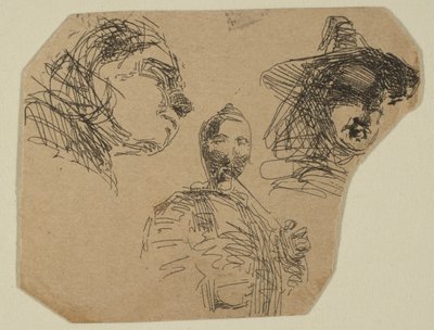 Duas cabeças femininas e uma figura em pé de esboços na placa de levantamento da costa, 1854-55. de James Abbott McNeill Whistler