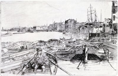 Vista do Tamisa, sobre a bacia de Londres (Inglaterra), em 1859, pertence a uma série de gravuras sobre o Tamisa, que destaca a comunidade de trabalhadores marítimos da capital inglesa de James Abbott McNeill Whistler