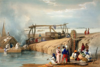 Roda persa elevando a água do rio Sutlej, Punjab, 1842 de James Atkinson