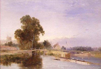 Batelão por uma eclusa, Windsor além (óleo) de James Baker Pyne