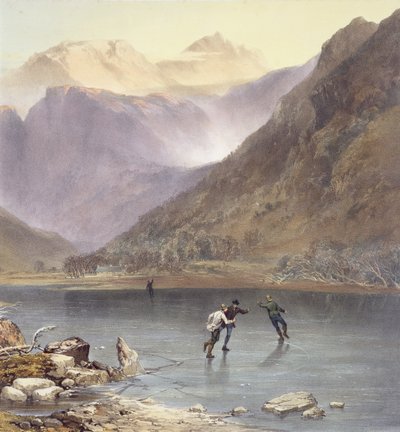 Água de irmãos, detalhe de patinadores de gelo, do distrito inglês do Lago, 1853 detalhe lito de 90428 de James Baker Pyne