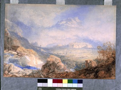 Vale do Ródano com a cidade e a cidadela de Sion, na Suíça (aguarela e guache em papel não branco) de James Baker Pyne