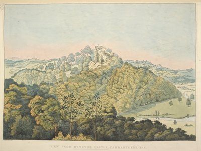 Mapas K Top 46, 35 d Vista do Castelo de Dynevor, com vista para o Rio Towy e Golden Grove (gravura colorida à mão) de James Bretherton
