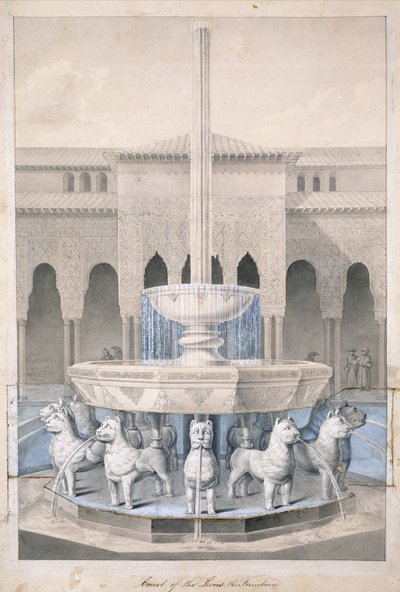 Chafariz no Pátio dos Leões, Alhambra, das Antiguidades Árabes da Espanha, publicado em 1815 (gravura colorida à mão) de James Cavanagh Murphy