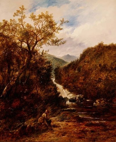 Pescador junto a uma Cascata arborizada de James Charles Ward