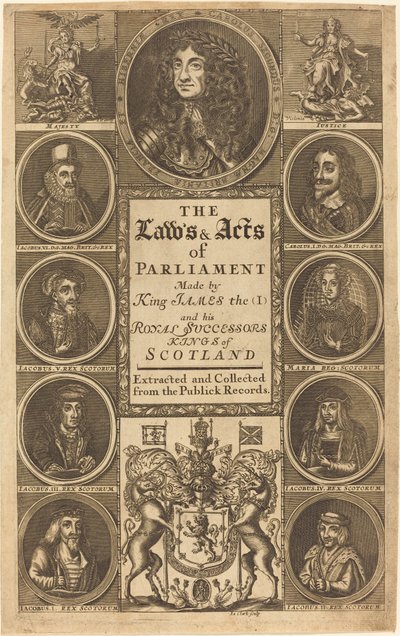 Frontispício para "As Leis e Atos do Parlamento Feitos pelo Rei Jaime I ..." de James Clark