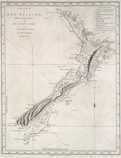 Carta da Nova Zelândia, explorada em 1769 e 1770 pelo Tenente J. Cook, Comandante do Barco Endeavour de Sua Majestade de James Cook