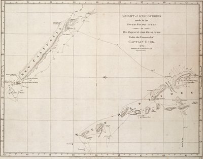 Mapa das descobertas efectuadas no Oceano Pacífico Sul no navio de Sua Majestade "Resolution", sob o comando do Capitão Cook de James Cook