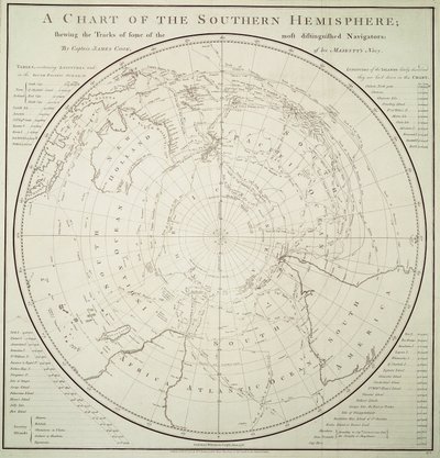 Mapa do Hemisfério Sul mostrando as viagens e descobertas pré-Cook de James Cook