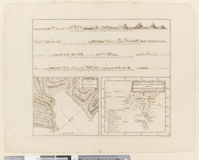 ii. (a) Quatro perfis da costa da Terra del Fuego (b) Um plano da Baía do Sucesso no Estreito de Le Maire (c) Uma carta da parte S.E. da Terra del Fuego, gravada por T. Borven e J. Gibson de James Cook