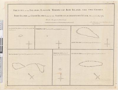 iii. Esboços da Lagoa das Ilhas, Thrum-Cap, Bow-Island, os Dois Grupos, Ilha das Aves e Ilha da Corrente, deitados no Sul, Mar... descoberto na APL 1769 de James Cook