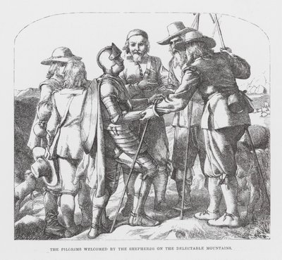 Os peregrinos acolhidos pelos pastores nas montanhas deliciosas (gravura) de James Dawson Watson