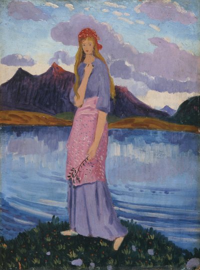 Rapariga junto a um lago (óleo sobre painel) de James Dickson Innes