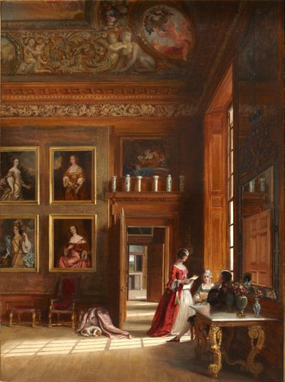 Uma vista romântica da Grande Câmara de Leito do Rei com um grupo de pessoas em traje do século XVII, c.1703-05 (óleo sobre tela) de James Digman Wingfield