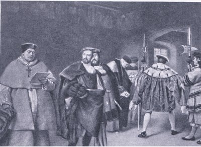 Dispensa do Cardeal Wolsey pelo Rei Henrique VIII, da História do Povo Britânico de Cassells publicada pela Waverley Book Company, c.1950s de James Dromgole Linton