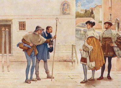 O Mercador de Veneza de Shakespeare: Bassanio, Lorenzo, Old Gobbo e Launcelot Gobbo (litografia a cores) de James Dromgole Linton