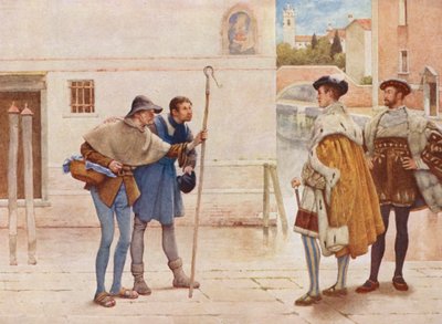O Mercador de Veneza de Shakespeare: Bassanio, Lorenzo, Old Gobbo e Launcelot Gobbo (litografia a cores) de James Dromgole Linton