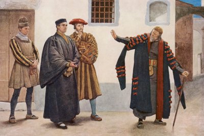O Mercador de Veneza de Shakespeare: Shylock, António, Salarino e Gaoler (litografia a cores) de James Dromgole Linton