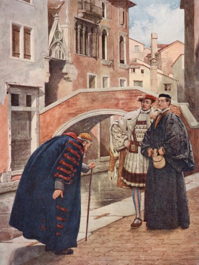 O Mercador de Veneza de Shakespeare: Shylock, Bassanio e António (litografia a cores) de James Dromgole Linton